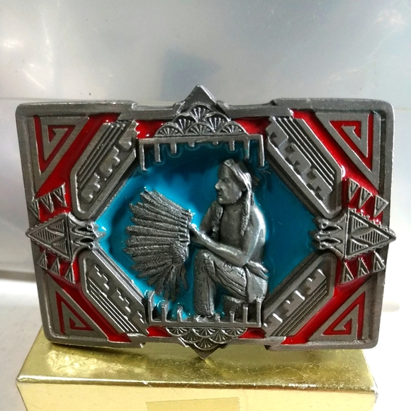 🌋Indian Belt Buckle Fine Pewter 1990 Made In The USA # 1483 by C& J Inc. - Picture 2 of 9